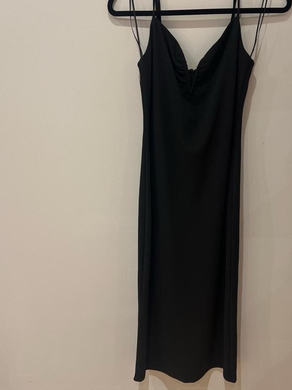 Dynamite Black Slip Midi Dress with Ruched V-Neck